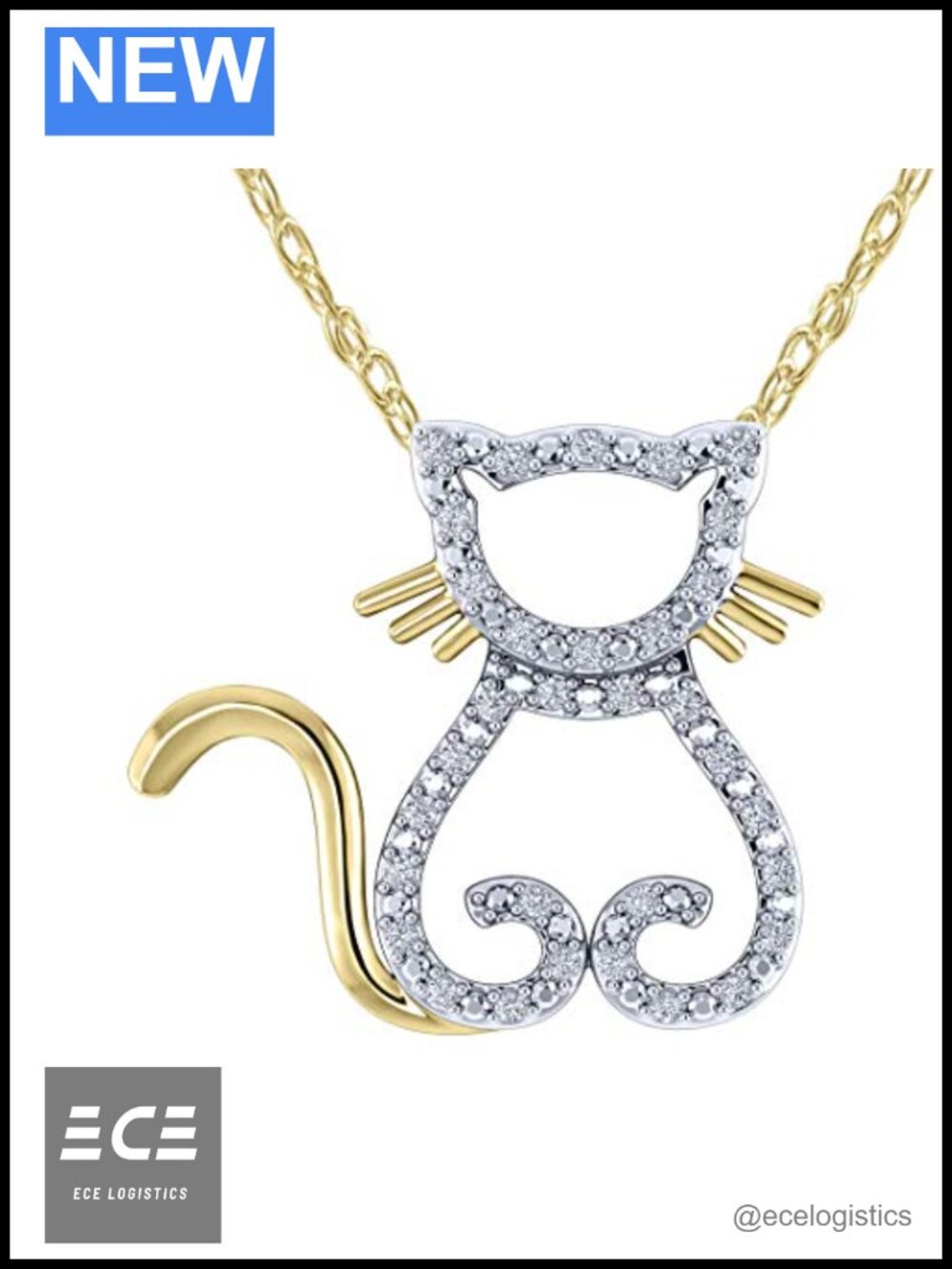 925 Sterling Silver Cat Pendant Necklace Natural Diamond 18 Inch Chain